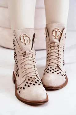 Damskie Zazoo 2695 Botki Skórzane Ażurowe Na Suwak Jasnobeżowe