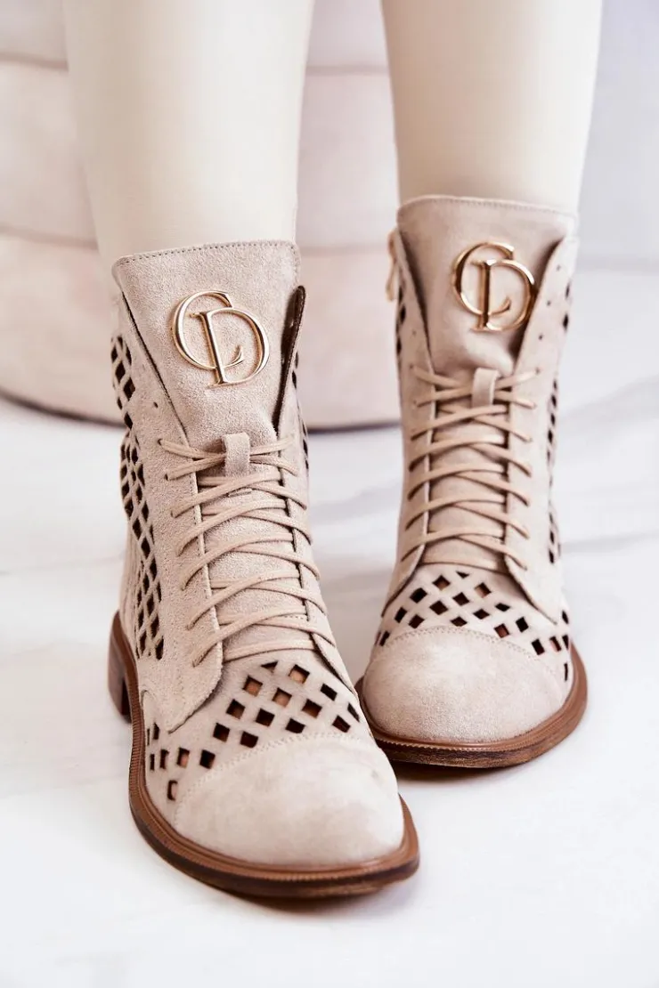 Damskie Zazoo 2695 Botki Skórzane Ażurowe Na Suwak Jasnobeżowe