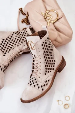 Damskie Zazoo 2695 Botki Skórzane Ażurowe Na Suwak Jasnobeżowe