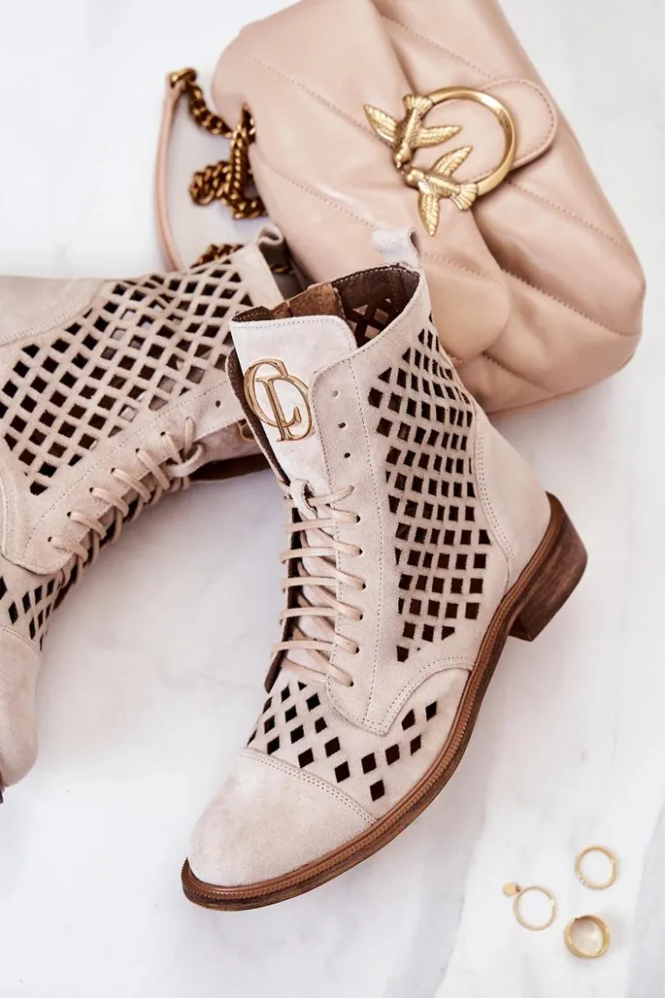 Damskie Zazoo 2695 Botki Skórzane Ażurowe Na Suwak Jasnobeżowe