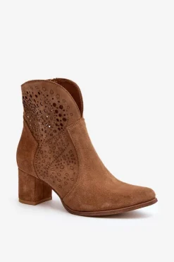 Damskie Zazoo 3166 Damskie Ażurowe Botki Na Obcasie Zamszowe Camel