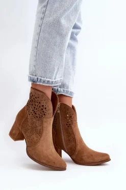 Damskie Zazoo 3166 Damskie Ażurowe Botki Na Obcasie Zamszowe Camel