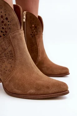 Damskie Zazoo 3166 Damskie Ażurowe Botki Na Obcasie Zamszowe Camel