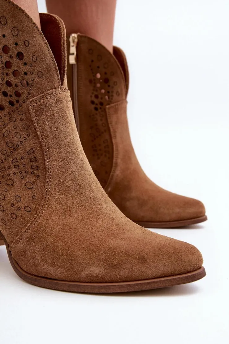 Damskie Zazoo 3166 Damskie Ażurowe Botki Na Obcasie Zamszowe Camel