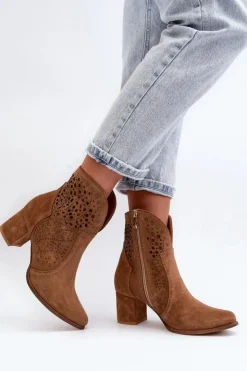 Damskie Zazoo 3166 Damskie Ażurowe Botki Na Obcasie Zamszowe Camel