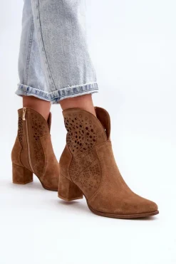 Damskie Zazoo 3166 Damskie Ażurowe Botki Na Obcasie Zamszowe Camel
