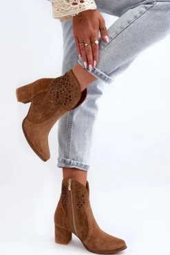 Damskie Zazoo 3166 Damskie Ażurowe Botki Na Obcasie Zamszowe Camel