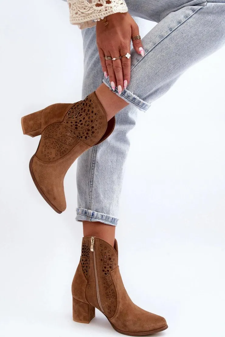 Damskie Zazoo 3166 Damskie Ażurowe Botki Na Obcasie Zamszowe Camel