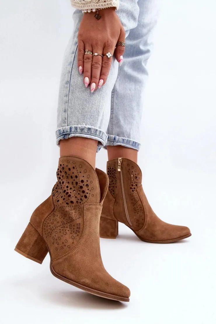 Damskie Zazoo 3166 Damskie Ażurowe Botki Na Obcasie Zamszowe Camel
