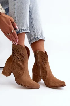 Damskie Zazoo 3166 Damskie Ażurowe Botki Na Obcasie Zamszowe Camel