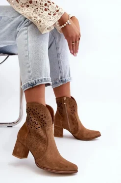 Damskie Zazoo 3166 Damskie Ażurowe Botki Na Obcasie Zamszowe Camel