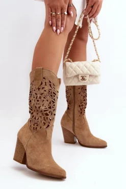 Zazoo Botki Wiosenne|Botki Skórzane*3414 Damskie Ażurowe Botki Na Słupku Zamszowe Beżowe