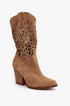 Zazoo Botki Wiosenne|Botki Skórzane*3414 Damskie Ażurowe Botki Na Słupku Zamszowe Beżowe