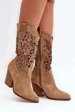 Zazoo Botki Wiosenne|Botki Skórzane*3414 Damskie Ażurowe Botki Na Słupku Zamszowe Beżowe