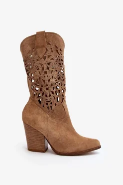 Zazoo Botki Wiosenne|Botki Skórzane*3414 Damskie Ażurowe Botki Na Słupku Zamszowe Beżowe