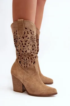 Zazoo Botki Wiosenne|Botki Skórzane*3414 Damskie Ażurowe Botki Na Słupku Zamszowe Beżowe