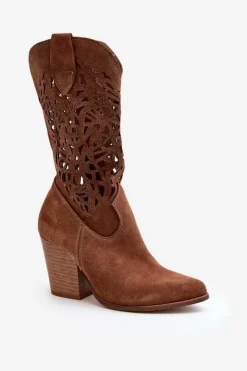 Damskie Zazoo 3414 Damskie Ażurowe Botki Na Słupku Zamszowe Brązowe