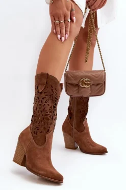 Damskie Zazoo 3414 Damskie Ażurowe Botki Na Słupku Zamszowe Brązowe