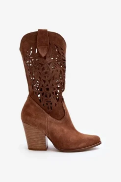 Damskie Zazoo 3414 Damskie Ażurowe Botki Na Słupku Zamszowe Brązowe