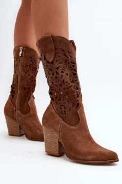 Damskie Zazoo 3414 Damskie Ażurowe Botki Na Słupku Zamszowe Brązowe