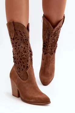 Damskie Zazoo 3414 Damskie Ażurowe Botki Na Słupku Zamszowe Brązowe