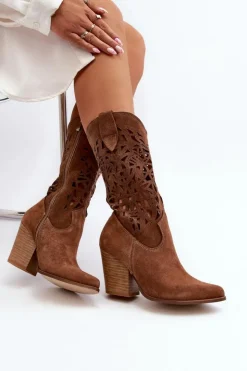 Damskie Zazoo 3414 Damskie Ażurowe Botki Na Słupku Zamszowe Brązowe