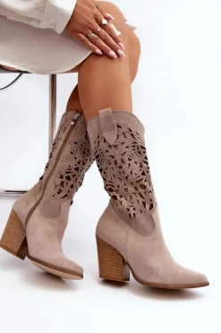 Clearance Zazoo 3414 Damskie Ażurowe Botki Na Słupku Zamszowe Cappucino