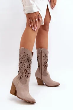 Clearance Zazoo 3414 Damskie Ażurowe Botki Na Słupku Zamszowe Cappucino