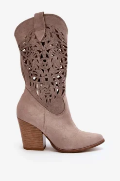 Clearance Zazoo 3414 Damskie Ażurowe Botki Na Słupku Zamszowe Cappucino