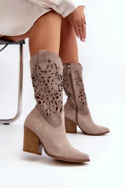 Clearance Zazoo 3414 Damskie Ażurowe Botki Na Słupku Zamszowe Cappucino