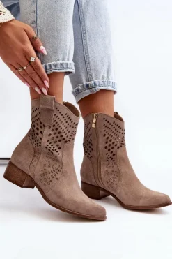Damskie Zazoo 3305 Damskie Ażurowe Botki Kowbojki Na Niskim Obcasie Zamszowe Cappucino