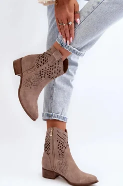Damskie Zazoo 3305 Damskie Ażurowe Botki Kowbojki Na Niskim Obcasie Zamszowe Cappucino