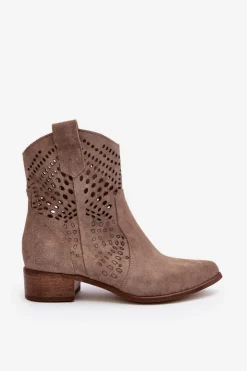 Damskie Zazoo 3305 Damskie Ażurowe Botki Kowbojki Na Niskim Obcasie Zamszowe Cappucino