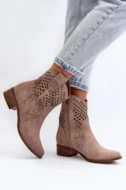 Damskie Zazoo 3305 Damskie Ażurowe Botki Kowbojki Na Niskim Obcasie Zamszowe Cappucino