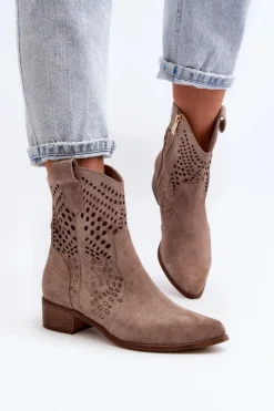 Damskie Zazoo 3305 Damskie Ażurowe Botki Kowbojki Na Niskim Obcasie Zamszowe Cappucino