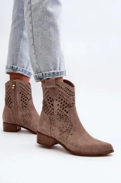 Damskie Zazoo 3305 Damskie Ażurowe Botki Kowbojki Na Niskim Obcasie Zamszowe Cappucino