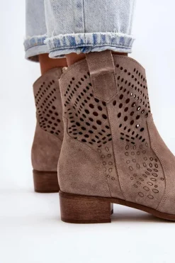 Damskie Zazoo 3305 Damskie Ażurowe Botki Kowbojki Na Niskim Obcasie Zamszowe Cappucino