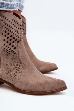 Damskie Zazoo 3305 Damskie Ażurowe Botki Kowbojki Na Niskim Obcasie Zamszowe Cappucino