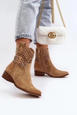 Zazoo 3305/2 Damskie Ażurowe Botki Kowbojki Na Niskim Obcasie Zamszowe Beżowe