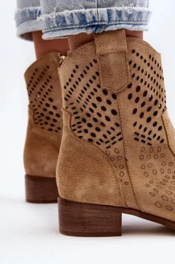 Zazoo 3305/2 Damskie Ażurowe Botki Kowbojki Na Niskim Obcasie Zamszowe Beżowe