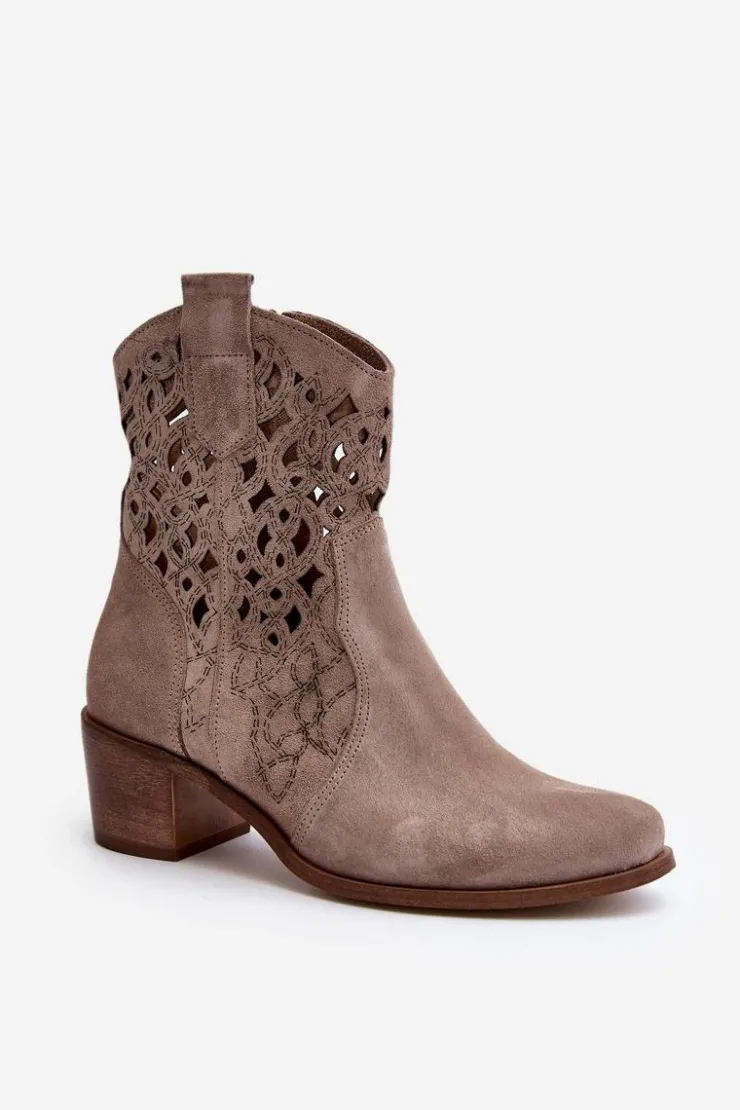 Zazoo Botki Wiosenne|Botki Skórzane*3394 Damskie Botki Na Obcasie Ażurowe Cappucino