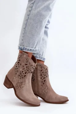 Zazoo Botki Wiosenne|Botki Skórzane*3394 Damskie Botki Na Obcasie Ażurowe Cappucino