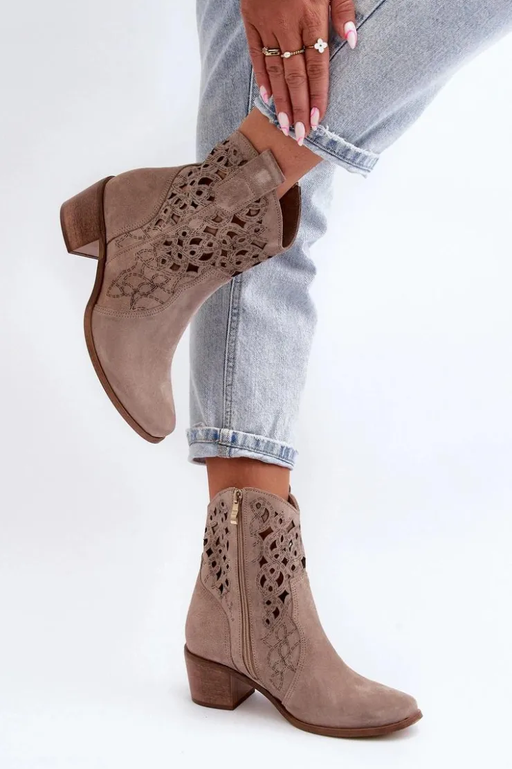 Zazoo Botki Wiosenne|Botki Skórzane*3394 Damskie Botki Na Obcasie Ażurowe Cappucino