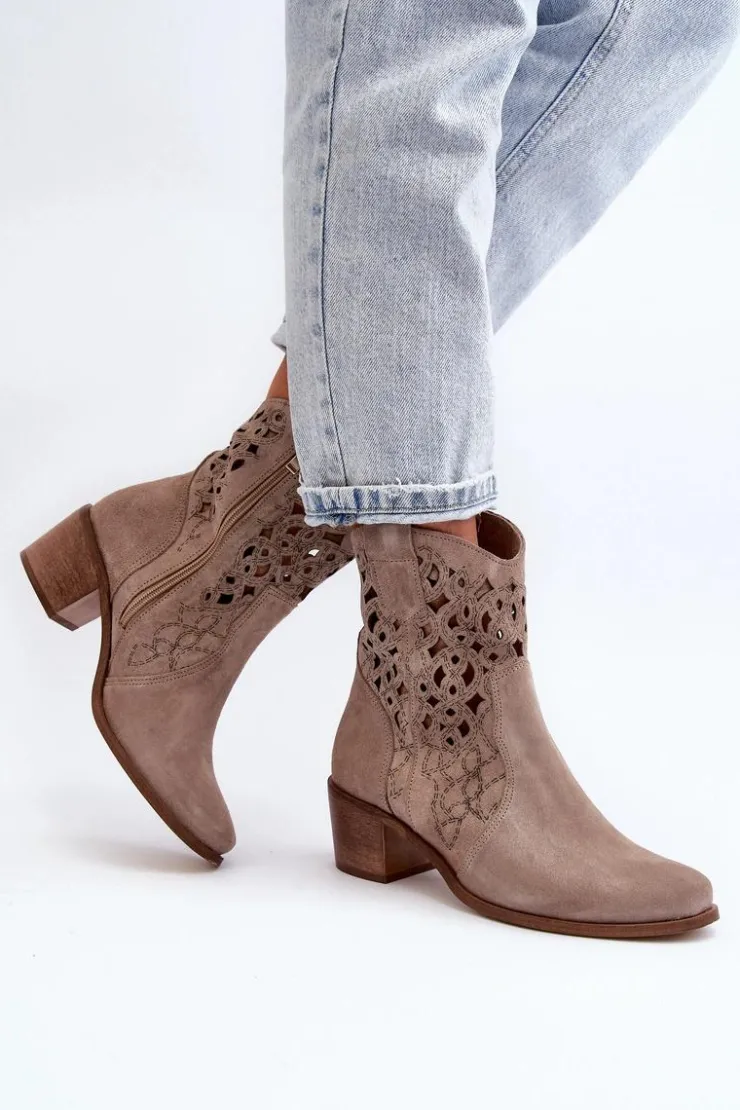 Zazoo Botki Wiosenne|Botki Skórzane*3394 Damskie Botki Na Obcasie Ażurowe Cappucino