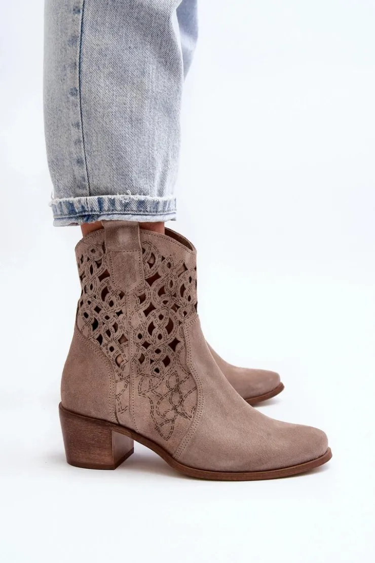 Zazoo Botki Wiosenne|Botki Skórzane*3394 Damskie Botki Na Obcasie Ażurowe Cappucino