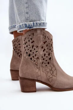 Zazoo Botki Wiosenne|Botki Skórzane*3394 Damskie Botki Na Obcasie Ażurowe Cappucino