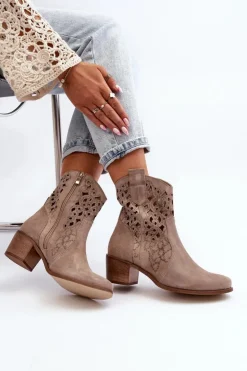 Zazoo Botki Wiosenne|Botki Skórzane*3394 Damskie Botki Na Obcasie Ażurowe Cappucino