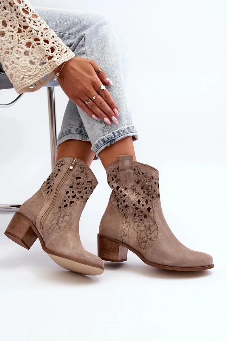 Zazoo Botki Wiosenne|Botki Skórzane*3394 Damskie Botki Na Obcasie Ażurowe Cappucino