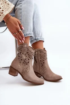 Zazoo Botki Wiosenne|Botki Skórzane*3394 Damskie Botki Na Obcasie Ażurowe Cappucino