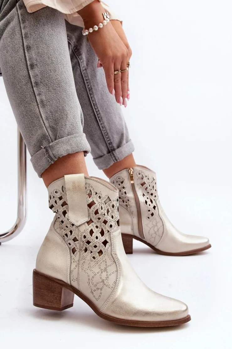 Outlet Zazoo 3394 Damskie Botki Na Obcasie Ażurowe Złote